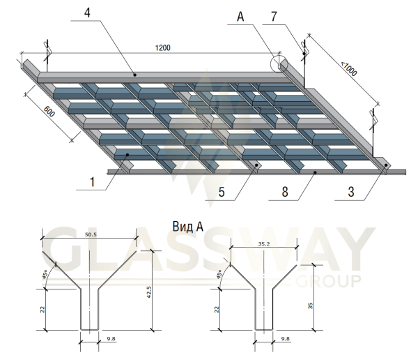 Потолок "Грильято" пирамидальный металлик (серый)